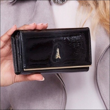 Skórzany portfel damski lakierowany czarny paris design 64003 - czarny