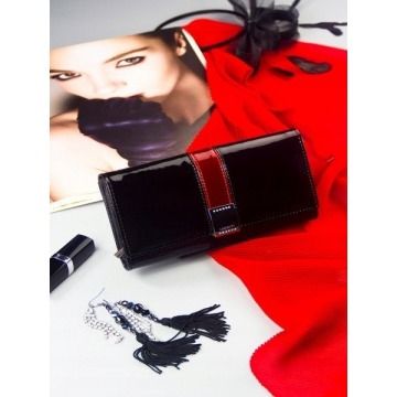 Skórzany portfel damski lakierowany z kryształkami czarny lorenti - czarny || czarny z czerwonym