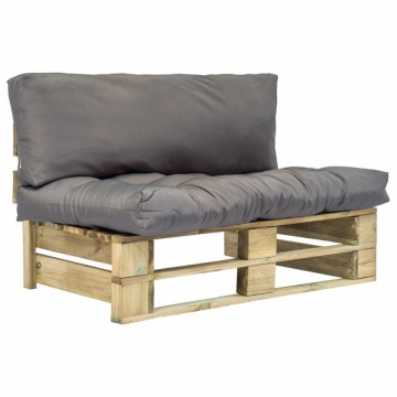 Sofa ogrodowa z palet z szarymi poduszkami, sosnowe drewno FSC