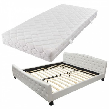 Podwójne łóżko ze sztucznej skóry z materacem 180x200 cm, białe