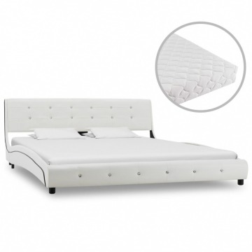 Łóżko z materacem, białe, sztuczna skóra, 160 x 200 cm