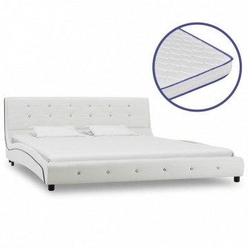 Łóżko z materacem memory, białe, sztuczna skóra, 160 x 200 cm