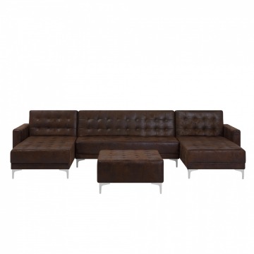 Sofa rozkładana podkowa imitacja skóry Old Style brąz z otomaną ABERDEEN
