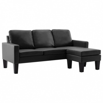 3-osobowa sofa z podnóżkiem, czarna, sztuczna skóra