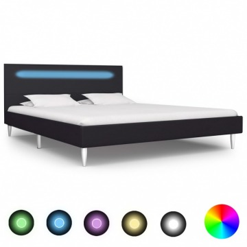 Rama łóżka z LED, czarna, tapicerowana tkaniną, 140 x 200 cm