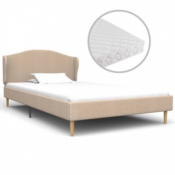 Łóżko z materacem, beżowe, tkanina, 90 x 200 cm