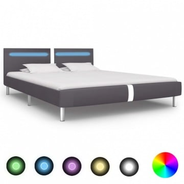 Rama łóżka LED, szara, sztuczna skóra, 160 x 200 cm