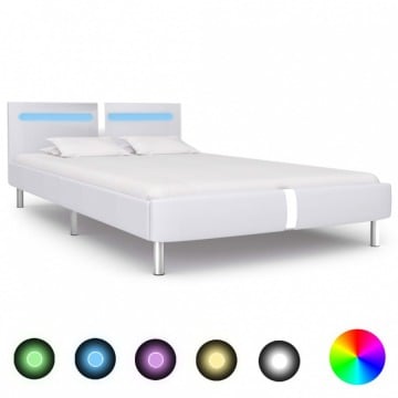 Rama łóżka LED, biała, sztuczna skóra, 140 x 200 cm