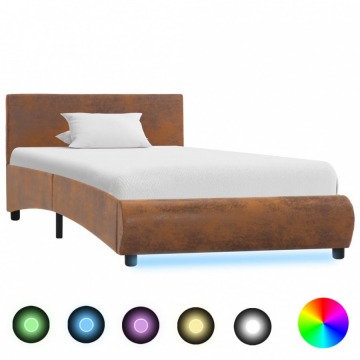 Rama łóżka z LED, brązowa, tapicerowana tkaniną, 90 x 200 cm