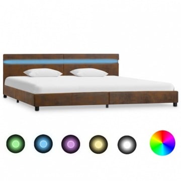 Rama łóżka z LED, brązowa, tapicerowana tkaniną, 180 x 200 cm