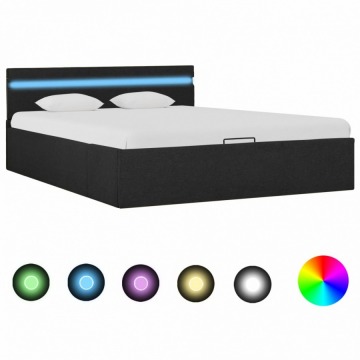 Rama łóżka, podnośnik i LED, ciemnoszara, tkanina, 140 x 200 cm