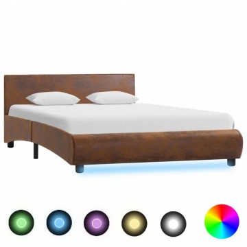 Rama łóżka z LED, brązowa, tapicerowana tkaniną, 140 x 200 cm