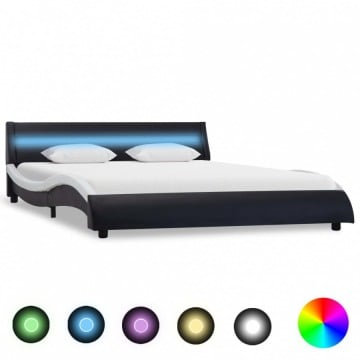 Rama łóżka z LED, czarno-biała, sztuczna skóra, 160 x 200 cm