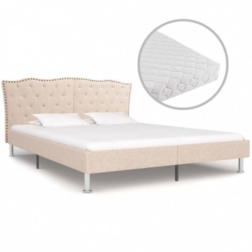 Łóżko z materacem, beżowe, tkanina, 160 x 200 cm