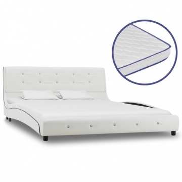 Łóżko z materacem memory, białe, sztuczna skóra, 140 x 200 cm