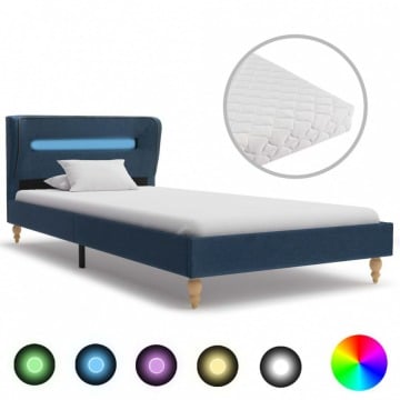 Łóżko LED z materacem, niebieskie, tkanina, 90 x 200 cm