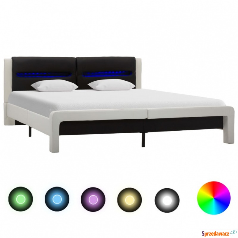 Rama łóżka z LED, biało-czarna, sztuczna skór... - Łóżka - Knurów