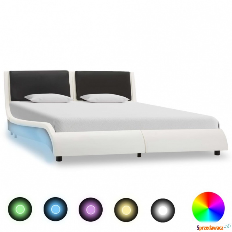 Rama łóżka z LED, biało-czarna, sztuczna skór... - Łóżka - Mozów