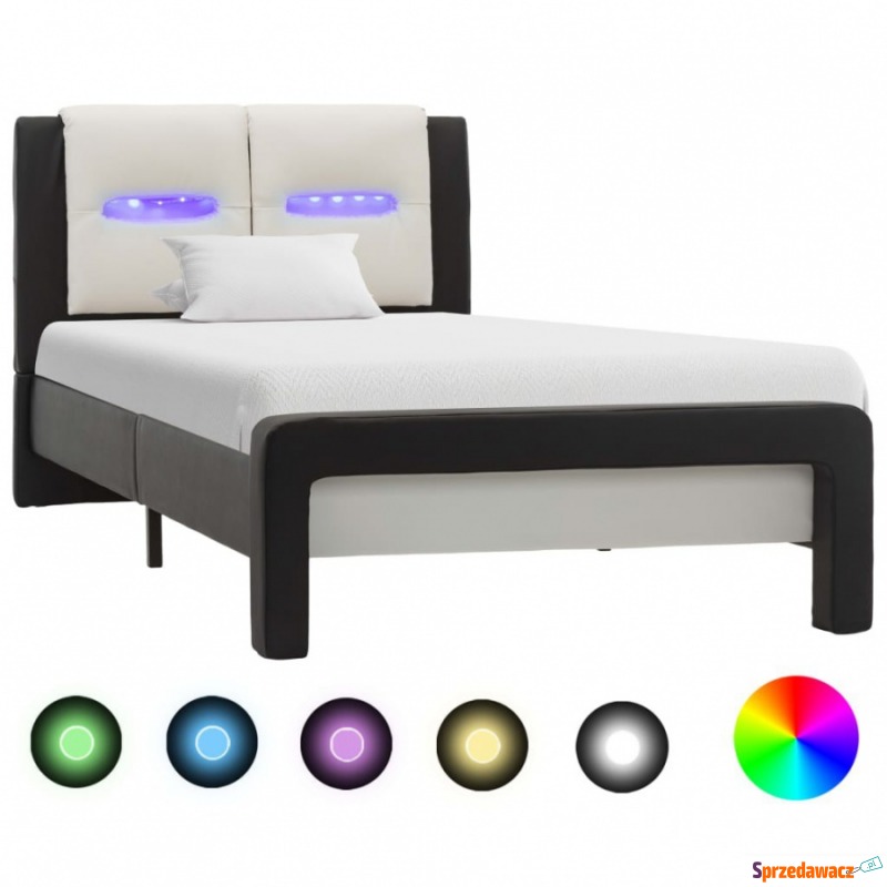 Rama łóżka z LED, czarno-biała, sztuczna skór... - Łóżka - Suwałki