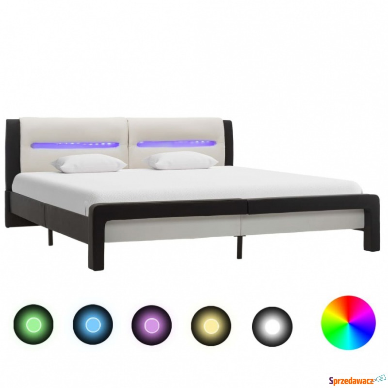 Rama łóżka z LED, czarno-biała, sztuczna skór... - Łóżka - Świnoujście