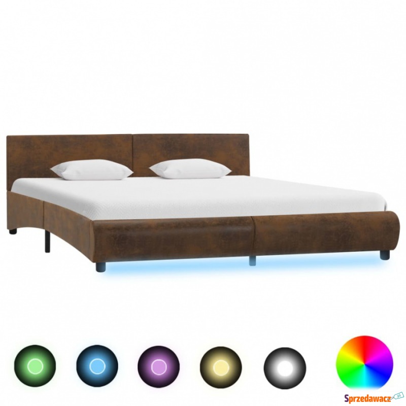 Rama łóżka z LED, brązowa, tapicerowana tkani... - Łóżka - Szczytno