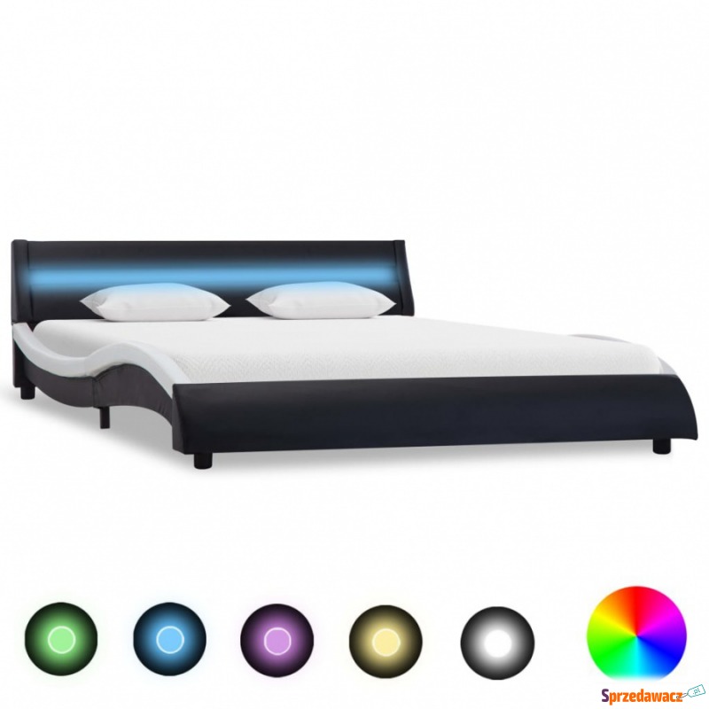 Rama łóżka z LED, czarno-biała, sztuczna skór... - Łóżka - Rybnik