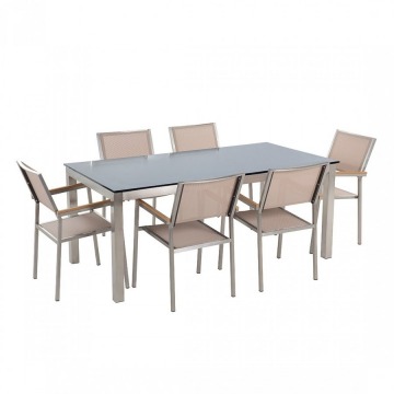 Stół szklany czarny - 180 cm - z 6 beżowymi krzesłami - GROSSETO BLmeble