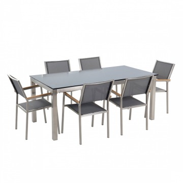 Stół szklany czarny - 180 cm - z 6 szarymi krzesłami - Efraim BLmeble