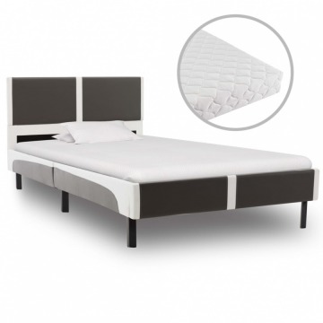 Łóżko z materacem, szaro-białe, ekoskóra, 90 x 200 cm