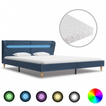 Łóżko LED z materacem, niebieskie, tkanina, 180 x 200 cm