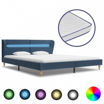 Łóżko LED z materacem memory, niebieskie, tkanina, 180x200 cm