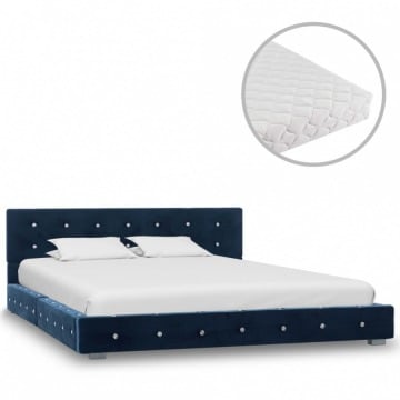 Łóżko z materacem, niebieskie, aksamit, 140 x 200 cm