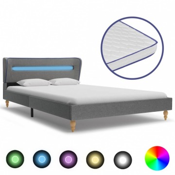 Łóżko LED z materacem memory, jasnoszare, tkanina, 140x200 cm