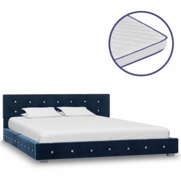 Łóżko z materacem memory, niebieskie, aksamit, 140 x 200 cm