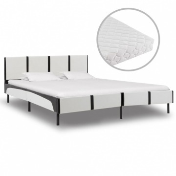 Łóżko z materacem, biało-czarne, ekoskóra, 180 x 200 cm