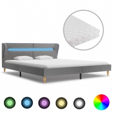 Łóżko LED z materacem, jasnoszare, tkanina, 160 x 200 cm