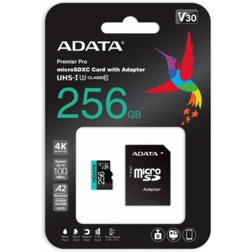 ADATA Premier Pro microSDXC 256GB 100R/80W UHS-I U3 Class 10 A2 V30S + Adapter