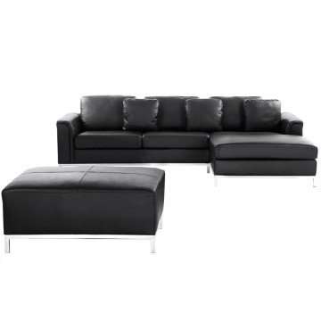 Nowoczesna sofa z pufą ze skóry naturalnej kolor czarny L - kanapa Bonaventura