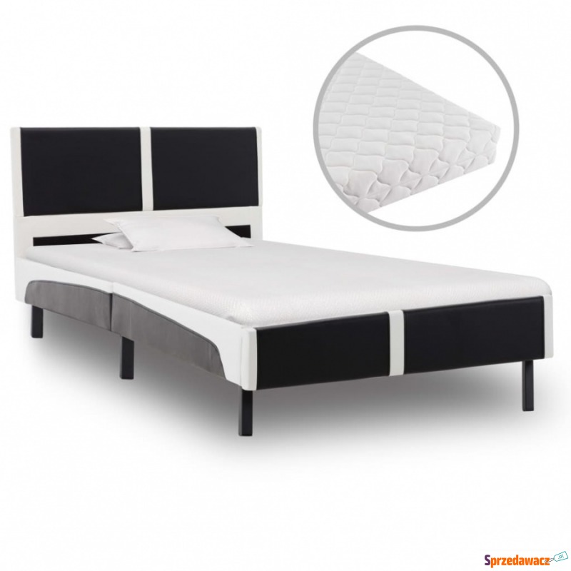 Łóżko z materacem, czarno-białe, ekoskóra, 90... - Łóżka - Komorniki