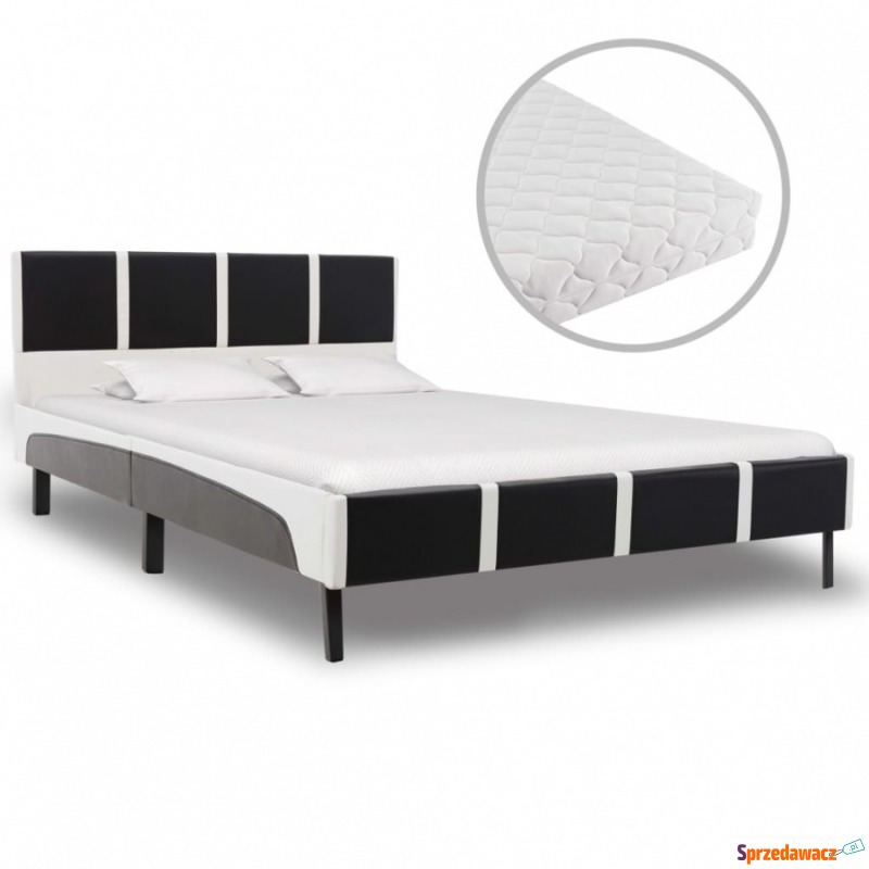 Łóżko z materacem, czarno-białe, ekoskóra, 14... - Łóżka - Myślachowice