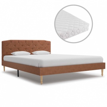 Łóżko z materacem, brązowe, tkanina, 140 x 200 cm