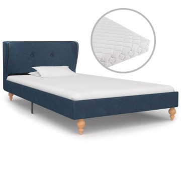 Łóżko z materacem, niebieskie, tkanina, 90 x 200 cm