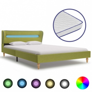Łóżko LED z materacem memory, zielone, tkanina, 140x200 cm