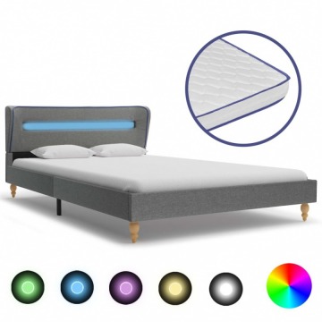 Łóżko LED z materacem memory, jasnoszare, tkanina, 120x200 cm