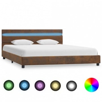 Rama łóżka z LED, brązowa, tapicerowana tkaniną, 120 x 200 cm