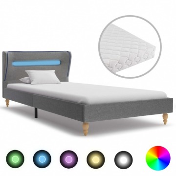 Łóżko LED z materacem, jasnoszare, tkanina, 90 x 200 cm
