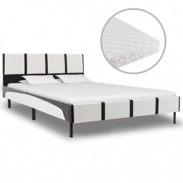 Łóżko z materacem, biało-czarne, ekoskóra, 120 x 200 cm