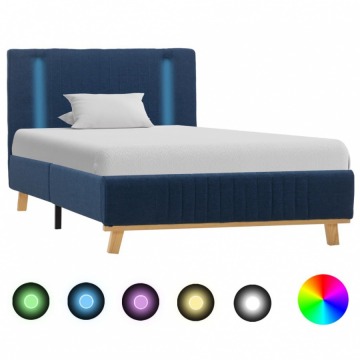 Rama łóżka z LED, niebieska, tapicerowana tkaniną, 100 x 200 cm