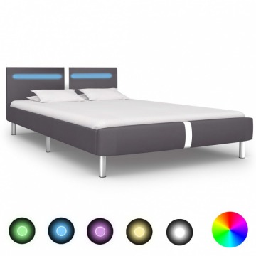 Rama łóżka LED, szara, sztuczna skóra, 140x200 cm