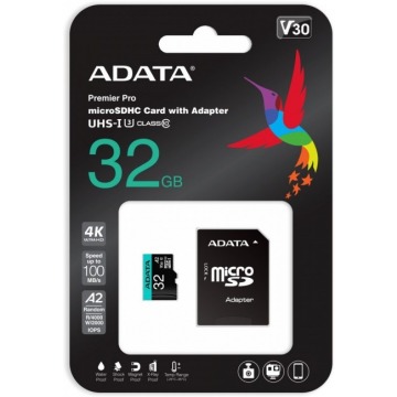 ADATA Premier Pro microSDHC 32GB 100R/80W UHS-I U3 Class 10 A2 V30S + Adapter